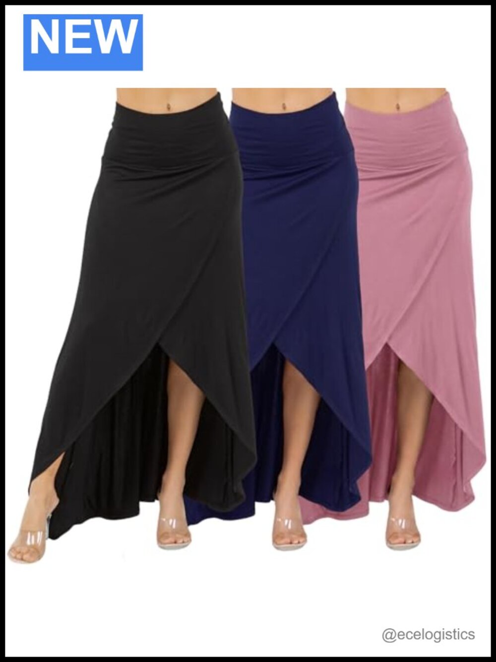 Women's High-Low Maxi Skirt 3-Pack Rayon Spandex Foldover Waist Front Slit